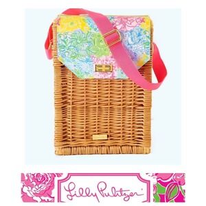 Lilly Pulitzer Wicker Crossbody Bag Floral Print Pink Strap Gold Hardware